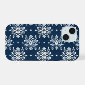 ブルーの雪の結晶パターン iPhone 15ケース (裏面横)