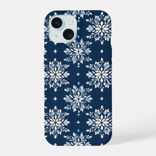 ブルーの雪の結晶パターン iPhone 15ケース (裏面)