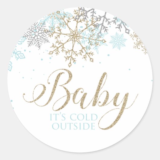 ブルーの雪の結晶ベビーシャワー "Baby It's Cold Outside" ラウンドシール (正面)