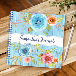 ブルーの風合いある木の水彩フラワーカスタムスクエア ノートブック