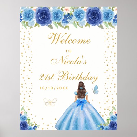 ブルーの黒髪の女の子の誕生日パーティーウェルカム ポスター (正面)