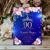 ブルーの90歳の誕生日に金色のティアラのダイヤモンドの花 招待状