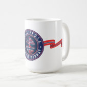 ブルーの"アメリカ生まれ、ノルウェー育ち" コーヒーマグカップ (正面右)
