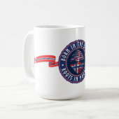 ブルーの"アメリカ生まれ、ノルウェー育ち" コーヒーマグカップ (正面左)