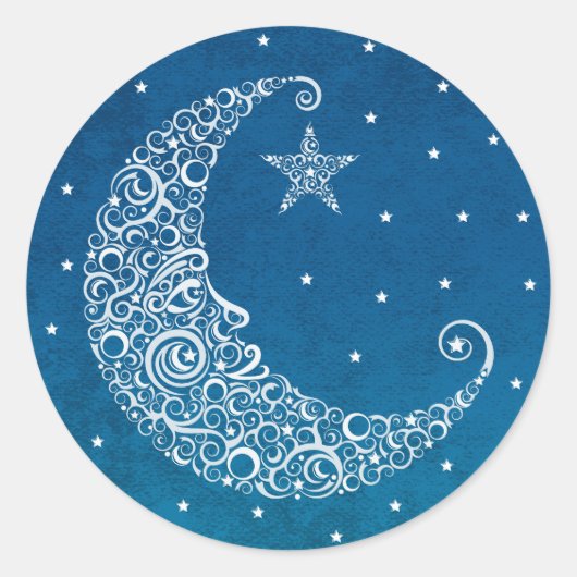 ブルーの「Over the Moon」ステッカー ラウンドシール (正面)