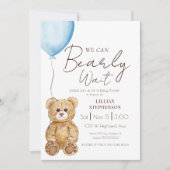 ブルーの「We Can Bearly Wait」男の子ベビーシャワー 招待状 (正面)