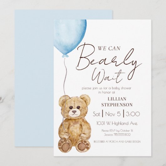 ブルーの「We Can Bearly Wait」男の子ベビーシャワー 招待状 (正面/裏面)