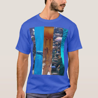 ブルーのTシャツにマリン・バイオロジーのコラージュ Tシャツ