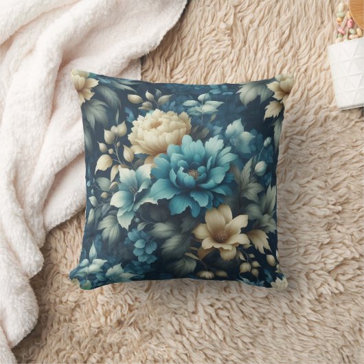 ブルーはっきりしたとデリケートなクリーム花模様 クッション (ブランケット)
