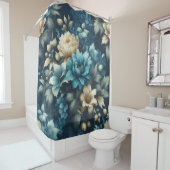 ブルーはっきりしたとデリケートなクリーム花模様 シャワーカーテン (インサイチュ)