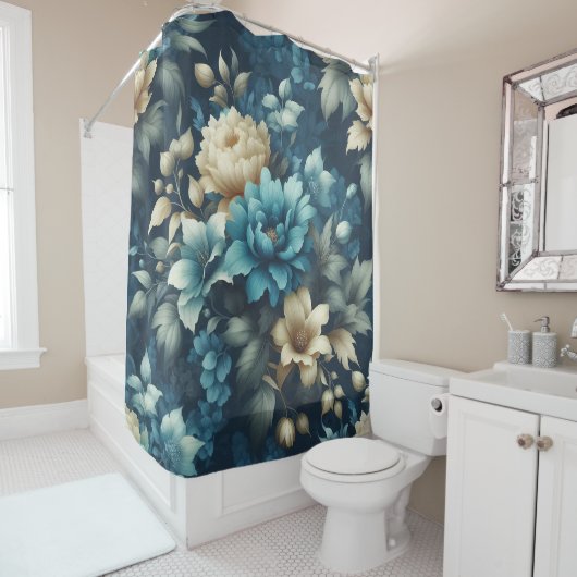 ブルーはっきりしたとデリケートなクリーム花模様 シャワーカーテン (インサイチュ)