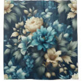 ブルーはっきりしたとデリケートなクリーム花模様 シャワーカーテン (正面)