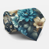 ブルーはっきりしたとデリケートなクリーム花模様 ネクタイ (ロール)