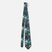 ブルーはっきりしたとデリケートなクリーム花模様 ネクタイ (裏面)