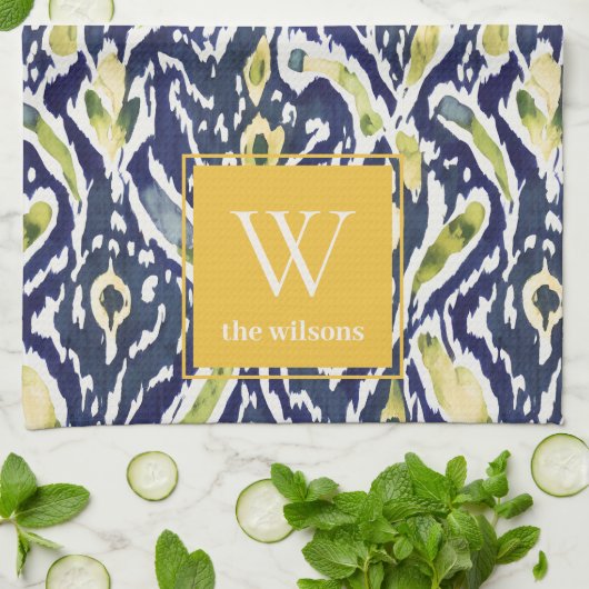 ブルーはっきりしたイエロー抽象芸術クラスイカットモノグラム キッチンタオル (折り畳み)