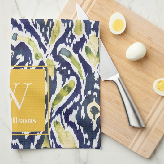 ブルーはっきりしたイエロー抽象芸術クラスイカットモノグラム キッチンタオル (四つ折り)