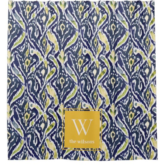 ブルーはっきりしたイエロー抽象芸術クラスイカットモノグラム シャワーカーテン (正面)