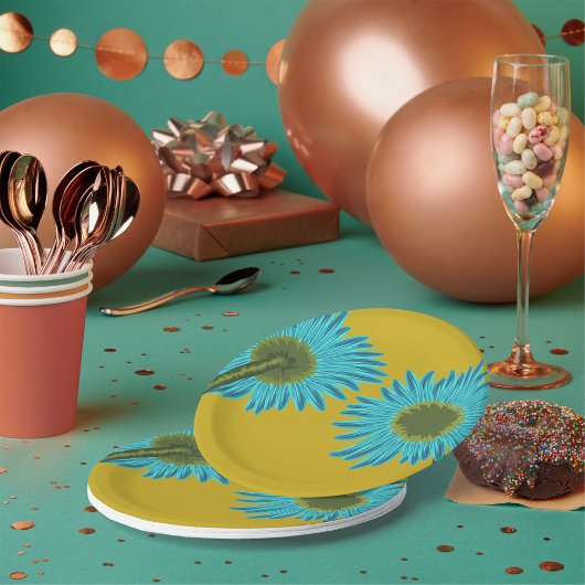 ブルーはっきりしたデイジーアートの背景マスタードイエロー ペーパープレート