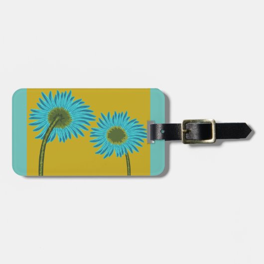 ブルーはっきりしたデイジーアートの背景マスタードイエロー ラゲッジタグ (正面横)