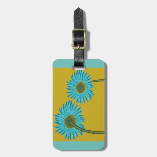 ブルーはっきりしたデイジーアートの背景マスタードイエロー ラゲッジタグ (正面縦)
