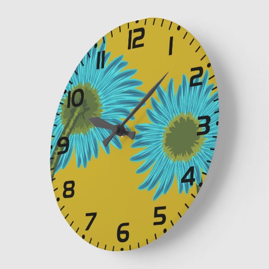 ブルーはっきりしたデイジーアートの背景マスタードイエロー ラージ壁時計 (傾斜)