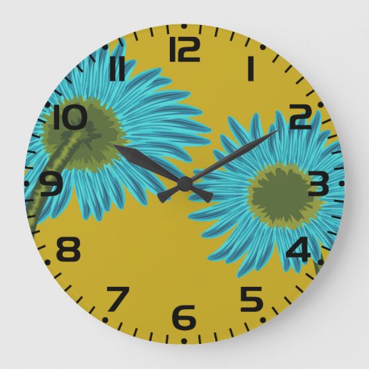 ブルーはっきりしたデイジーアートの背景マスタードイエロー ラージ壁時計 (正面)