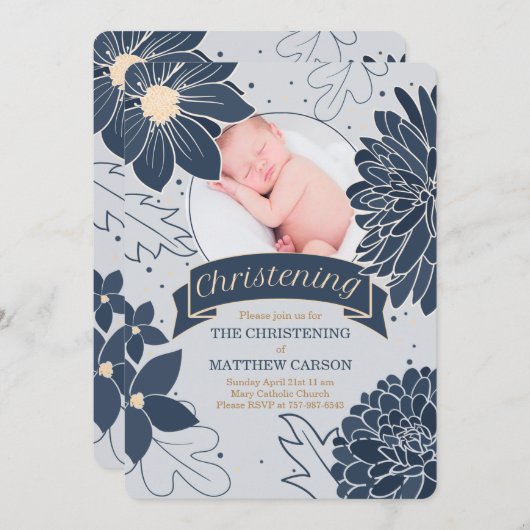 ブルーはっきりしたボタニカルとフォト《キリスト教》洗礼式や命名式 招待状 (正面/裏面)