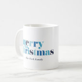 ブルーはっきりしたレタリング「メリークリスマス」写真 コーヒーマグカップ (正面左)