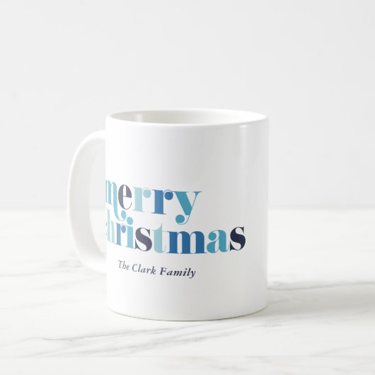 ブルーはっきりしたレタリング「メリークリスマス」写真 コーヒーマグカップ (正面左)