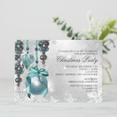 ブルーぶら下がったズオーナメントクリスマスパーティー招待状 招待状 (スタンド正面)