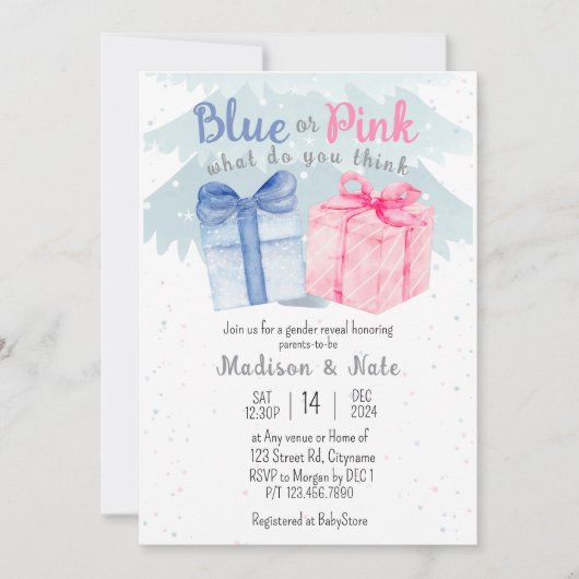 ブルーまたはピンクお客様の考え性別表示 招待状 (正面)