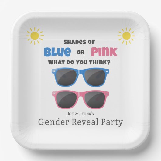 ブルーまたはピンクのサングラス夏の性別のリビール ペーパープレート (正面)