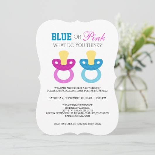 ブルーまたはピンクのベビーおしゃれな性別がパーティーを明かす 招待状 (スタンド正面)