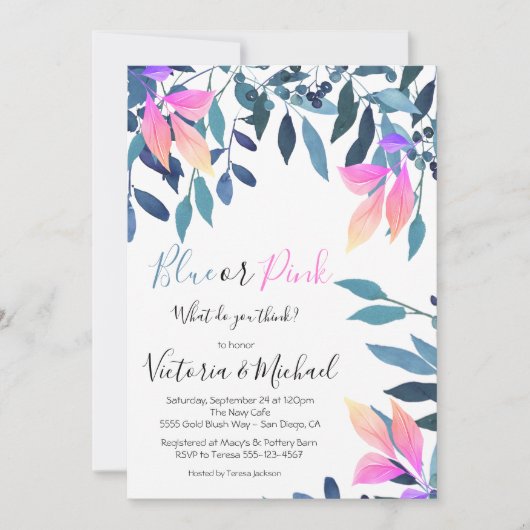 ブルーまたはピンクのベビーがシャワーの招待状を表示 招待状 (正面)