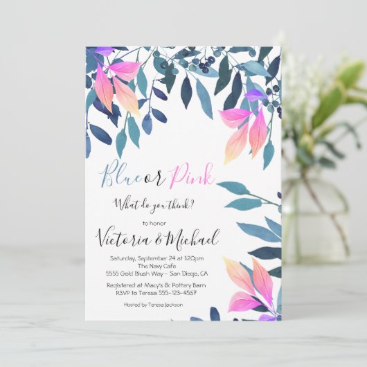 ブルーまたはピンクのベビーがシャワーの招待状を表示 招待状 (スタンド正面)