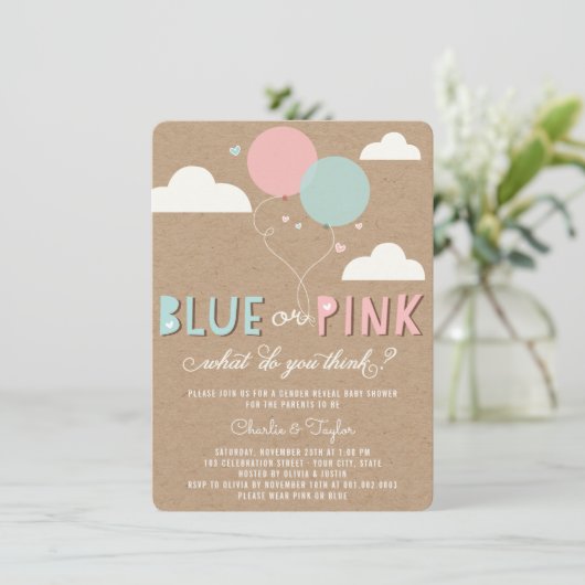 ブルーまたはピンクのベビー性別リビールパーティー招待状 招待状 (スタンド正面)