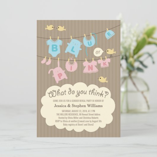 ブルーまたはピンクのベビー性別リビールパーティー招待状 招待状 (スタンド正面)