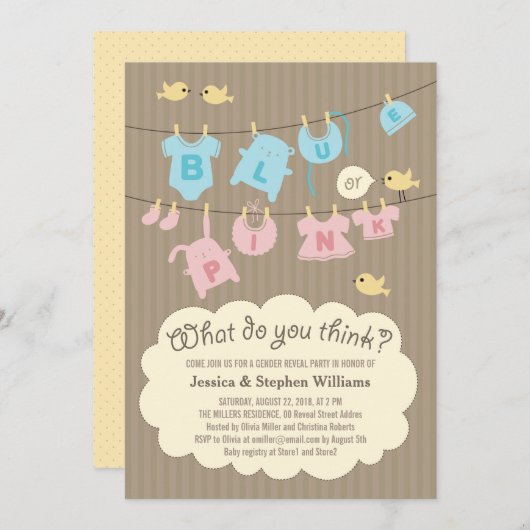 ブルーまたはピンクのベビー性別リビールパーティー招待状 招待状 (正面/裏面)