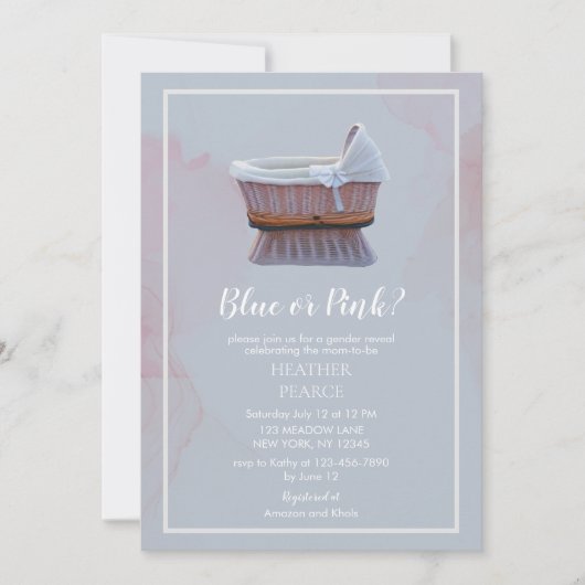 ブルーまたはピンクのヴィンテージバシネットジェンダーの表示 招待状 (正面)