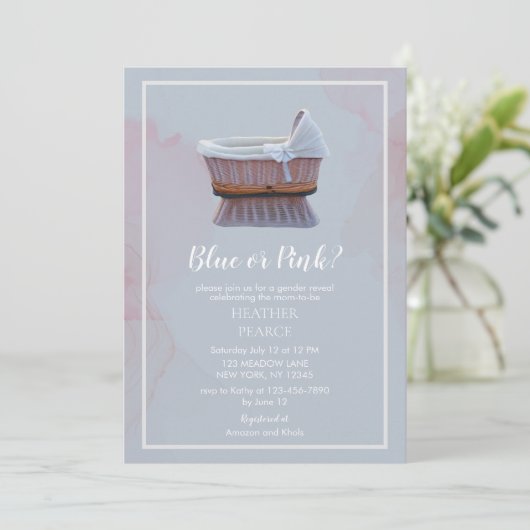 ブルーまたはピンクのヴィンテージバシネットジェンダーの表示 招待状 (スタンド正面)