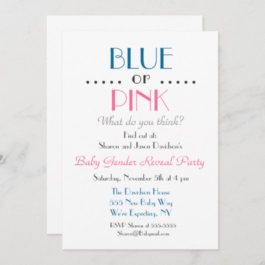 ブルーまたはピンクの性別リビール招待状 招待状 (正面/裏面)