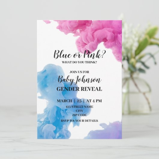 ブルーまたはピンクの煙のジェンダーが招待を明らかにする 招待状 (スタンド正面)