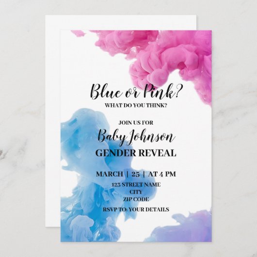 ブルーまたはピンクの煙のジェンダーが招待を明らかにする 招待状 (正面/裏面)