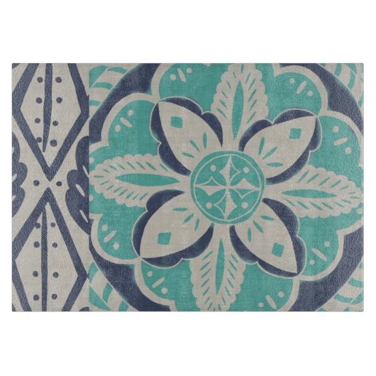 ブルーろうけつ染めタイルIV カッティングボード (正面)