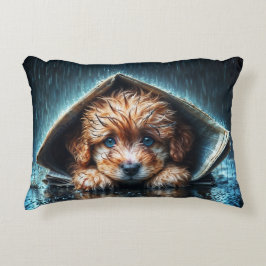 ブルーアイアートと雨の日にかわいい小さな犬 アクセントクッション