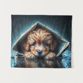 ブルーアイアートと雨の日にかわいい小さな犬 タペストリー