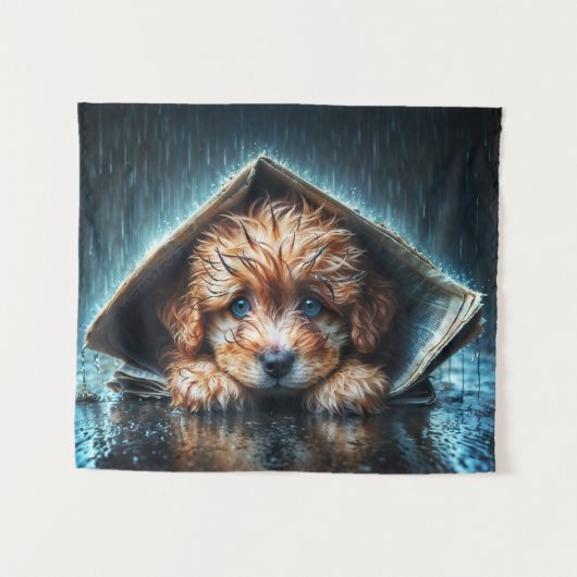 ブルーアイアートと雨の日にかわいい小さな犬 タペストリー (正面(横))