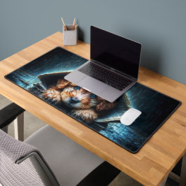 ブルーアイアートと雨の日にかわいい小さな犬 デスクマット