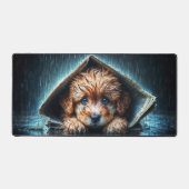 ブルーアイアートと雨の日にかわいい小さな犬 デスクマット (正面)