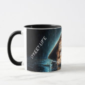 ブルーアイアートと雨の日にかわいい小さな犬 マグカップ (左)